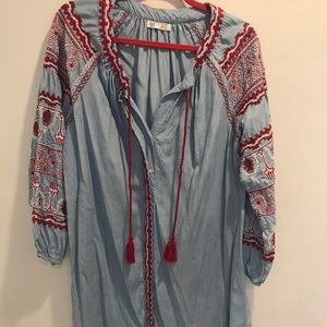 Zara long sleeve embroidered chambray dress